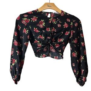 Zara Black Crop Top with Key Hole and Red Floral Design
